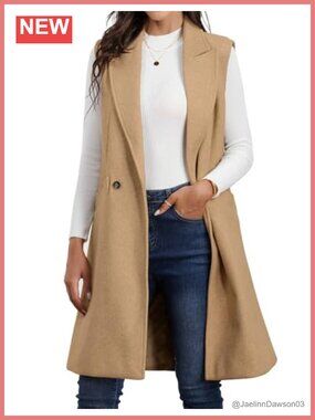 Womens Long Wool Blend Sleeveless Vest Button Front Knee Length Winter Coat